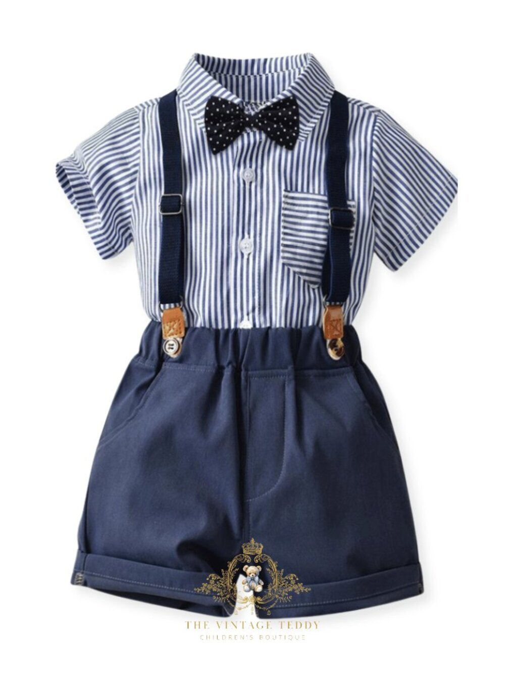 NWT Handsome Boys Oxford Button Down Shirt Shorts & Bow Tie Kids Matching Set 5T - Picture 2 of 3